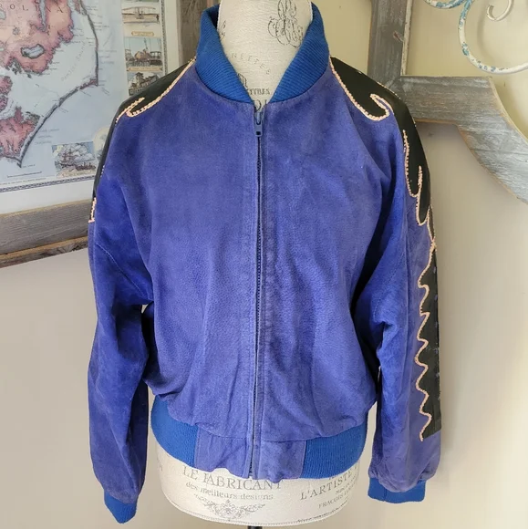 Vintage Royal Blue Suede Black Leather Patchwork Bomber Jacket Fox Run K… - Picture 15 of 16